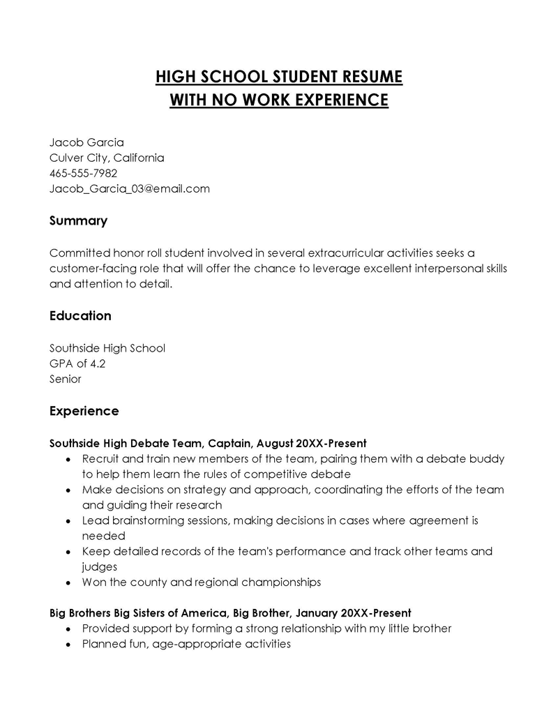 Great Professional Debate Team Captain Highschool Student Resume Sample for Word Document