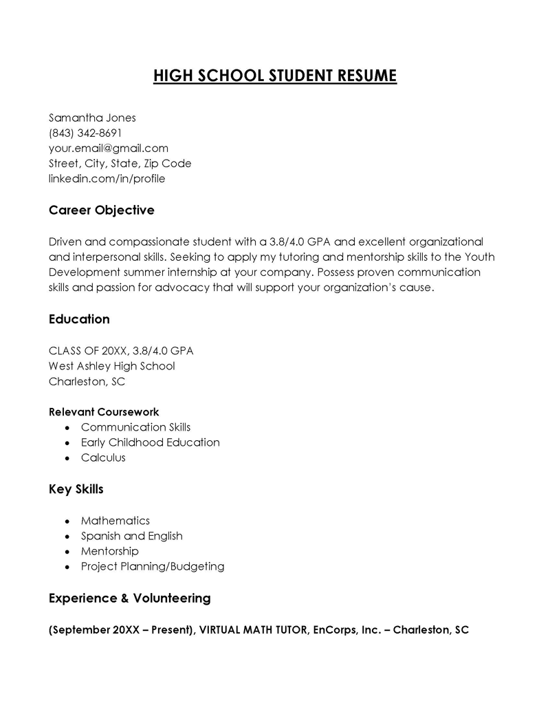 High School Resume Sample Format