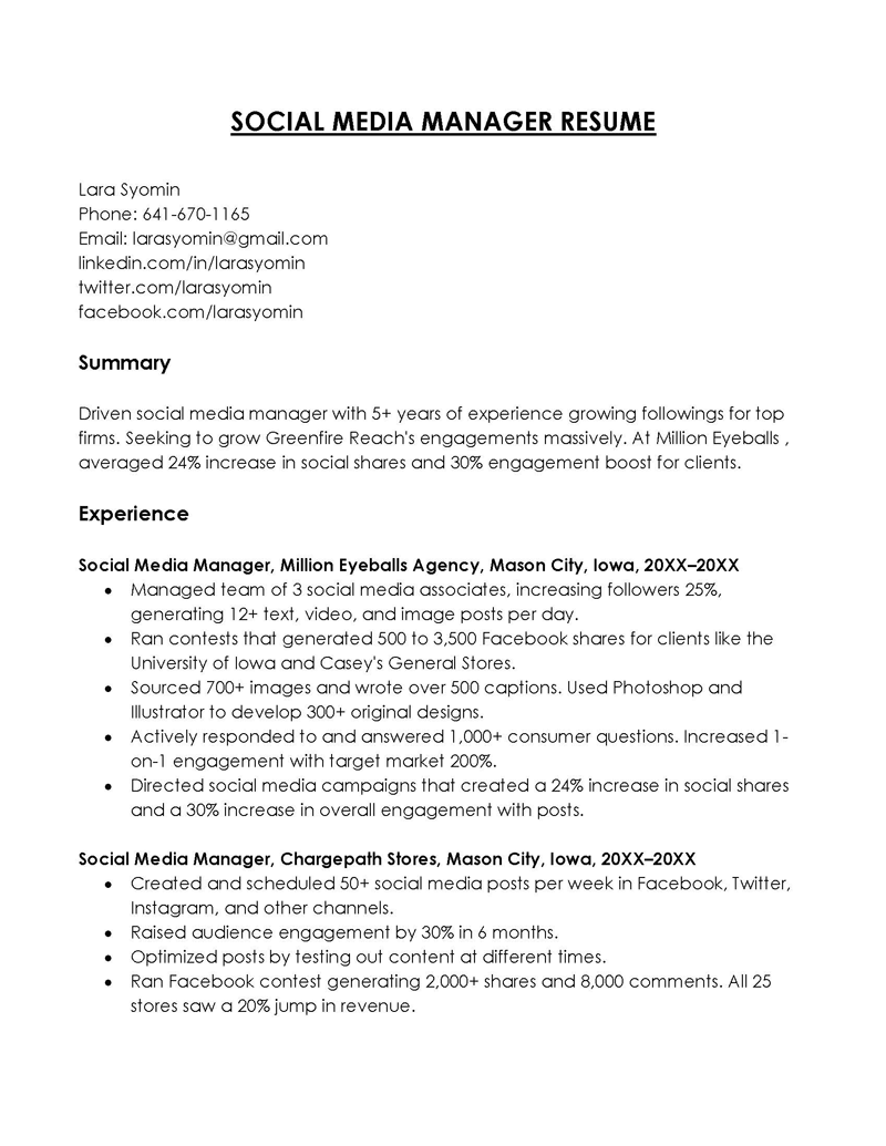 social media manager resume pdf