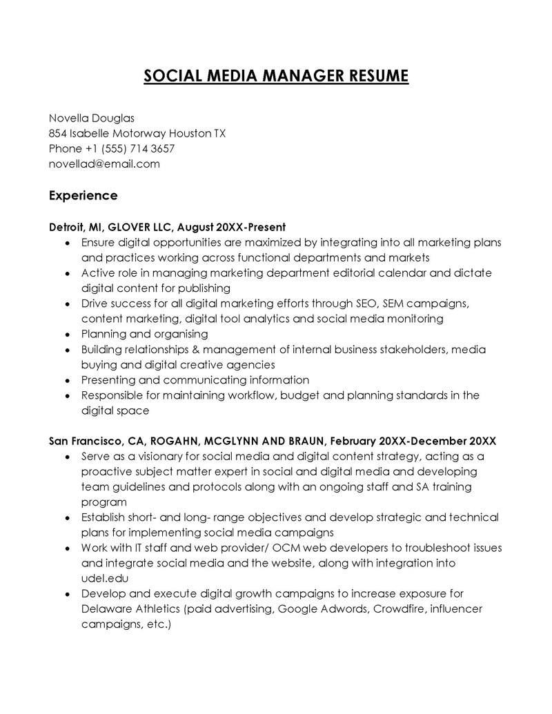 Word Template for Social Media Manager Resume
