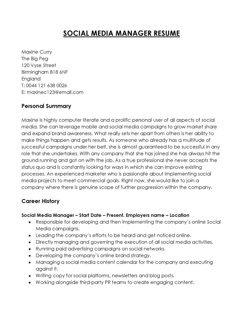 Free Social Media Manager Resume Example
