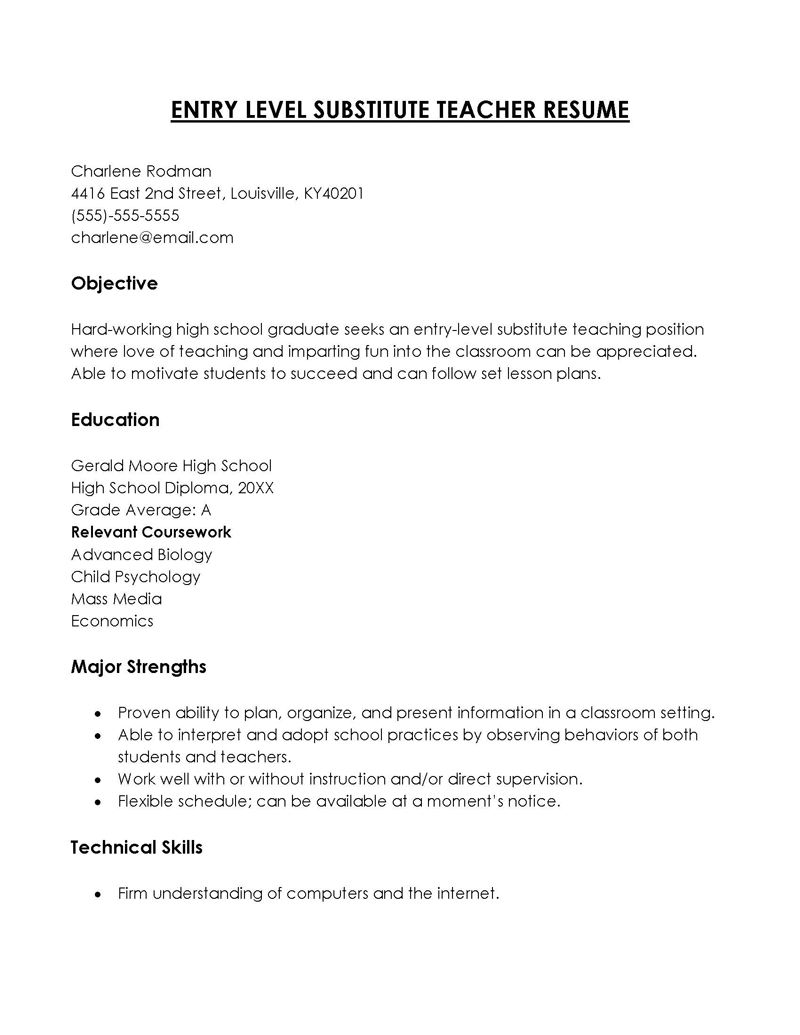 substitute teacher resume with no experience