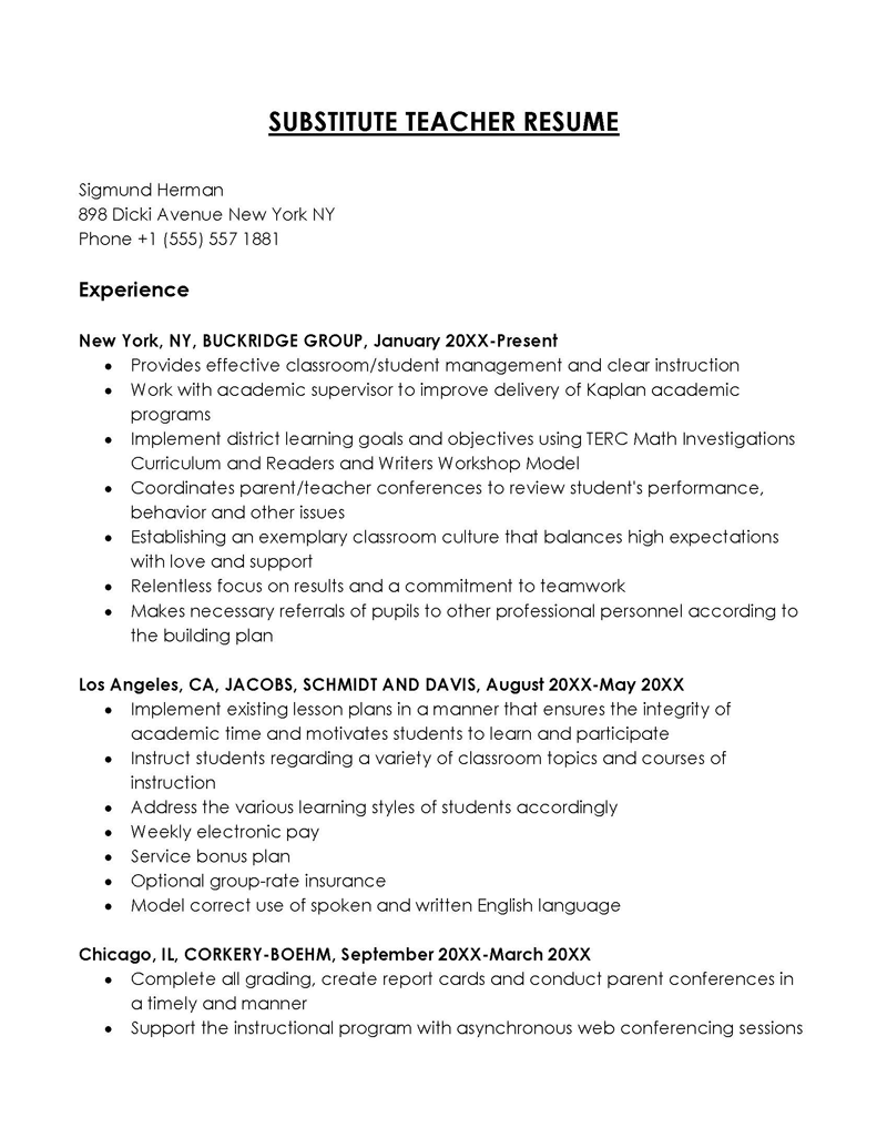 substitute teacher resume with no experience