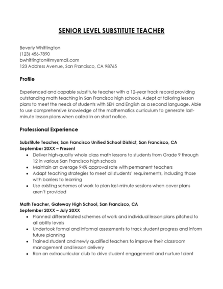 22 Substitute Teacher Resume Examples - Resume Substitute Teacher 09 437x565 