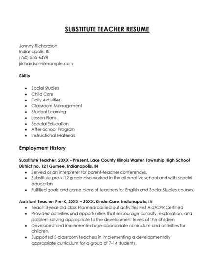 22 Substitute Teacher Resume Examples - Resume Substitute Teacher 15 437x565 