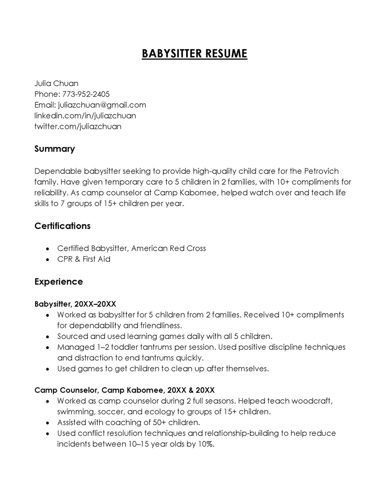 Free editable babysitter resume template01