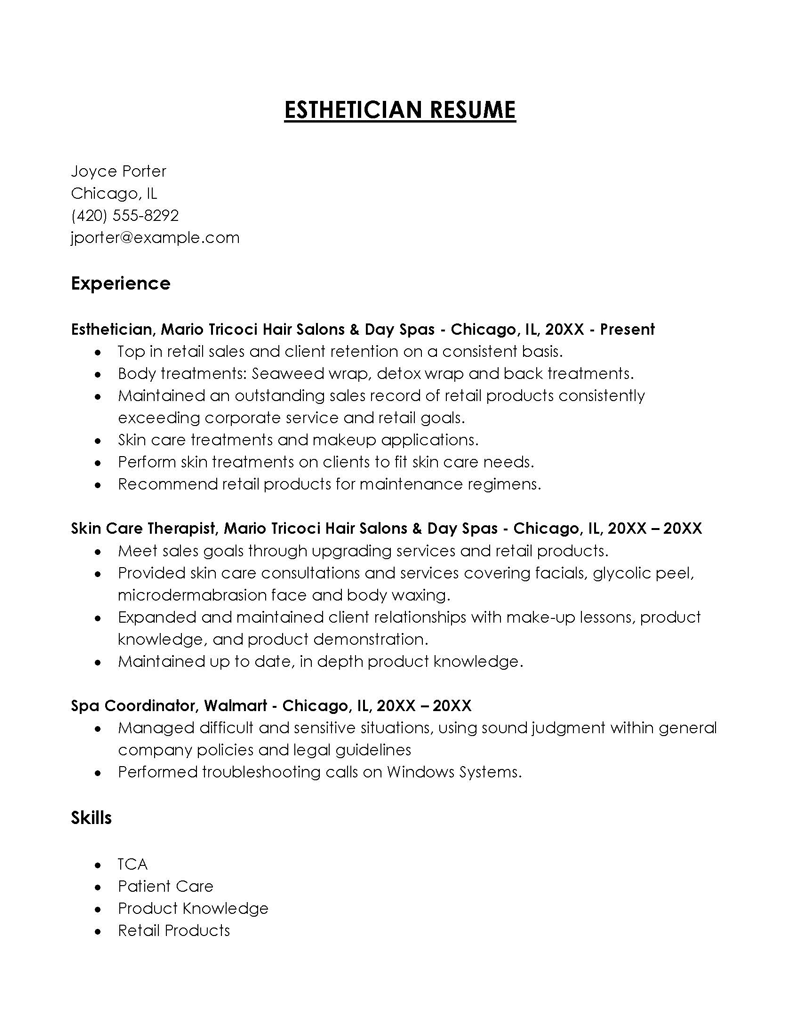 entry level esthetician resume summary