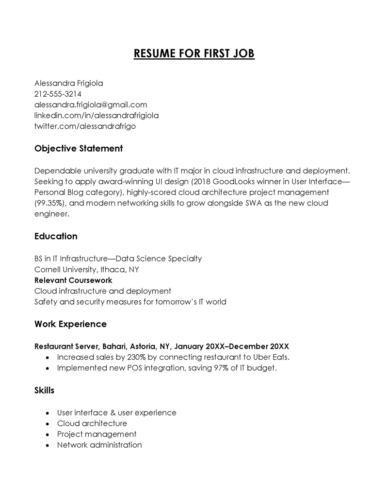 Free Professional General Resume for First Time Job Sample 01 as Word File