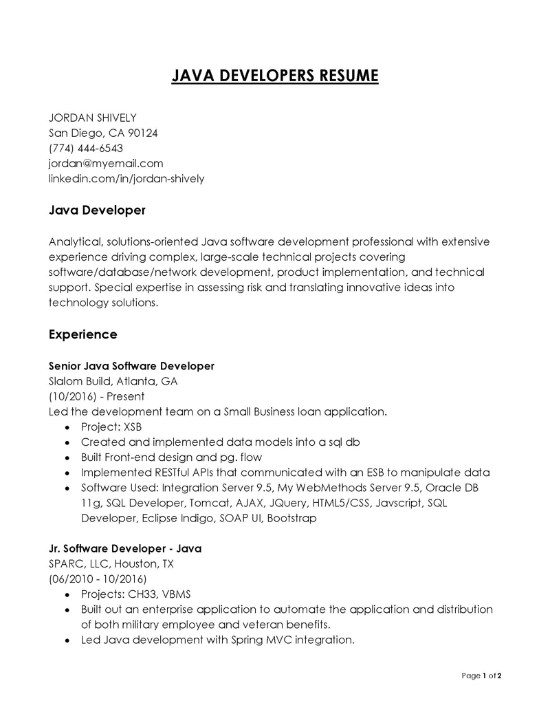 java developer resume pdf