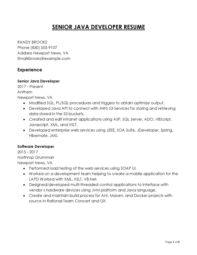 Great Professional Experienced Java Developer Resume Sample 01 for Word Format