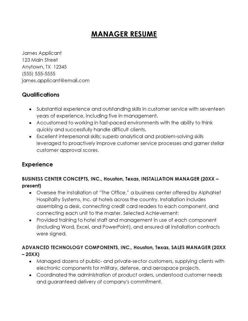 resume for manager with direct reports