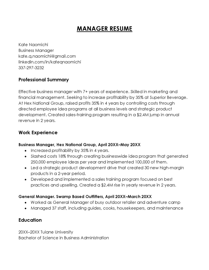 Manager resume examples 2022
