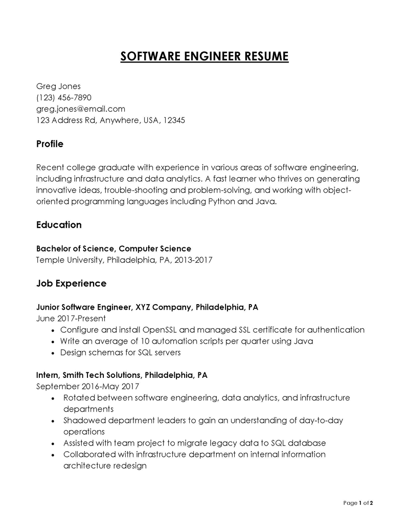 sample resume for software engineer with 2 years