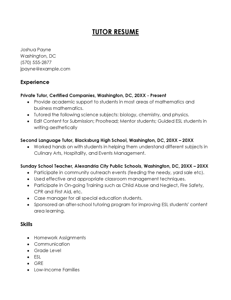 Free Printable Second Language and Private Tutor Resume Sample for Word File