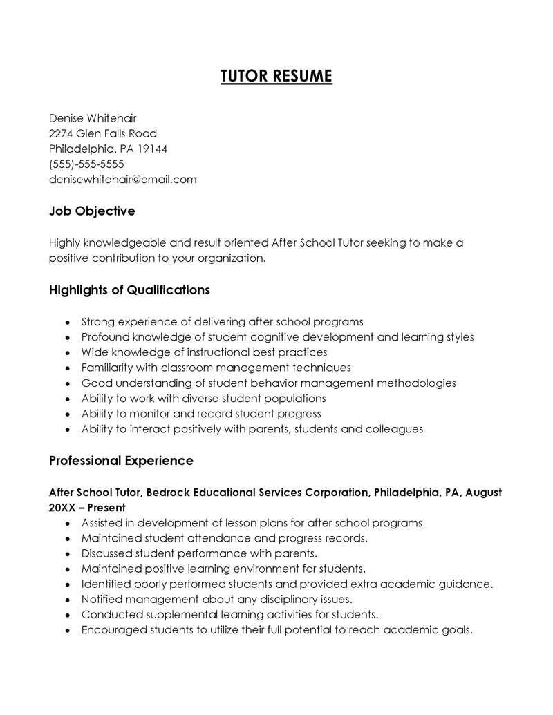 Great Downloadable Elementary Education Tutor Resume Sample 04 for Word File