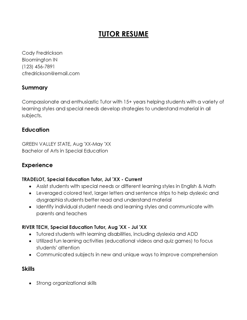 Great Comprehensive Special Education Major Tutor Resume Sample as Word Document