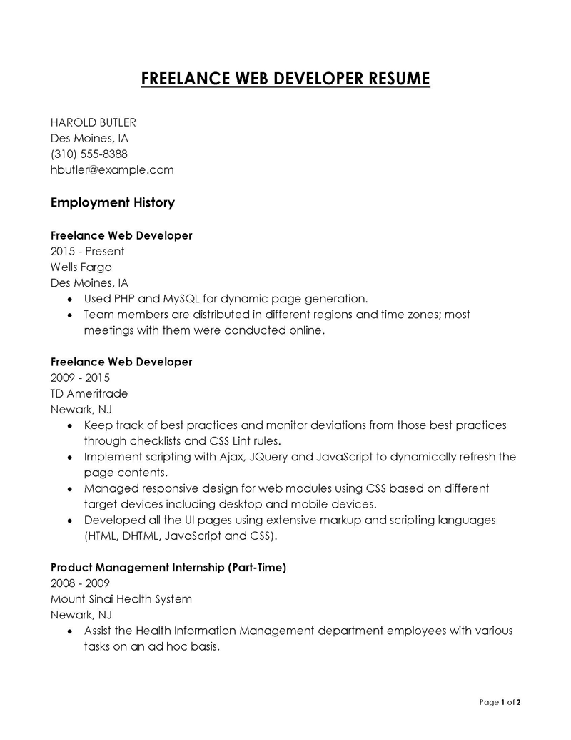  resume summary for web developer fresher