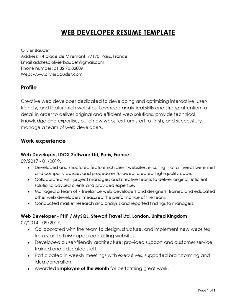 
resume summary for web developer fresher