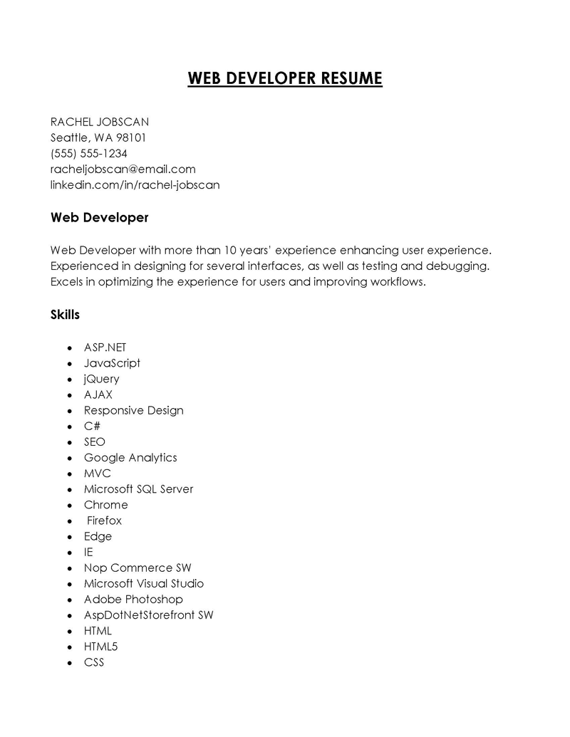  web developer resume template free