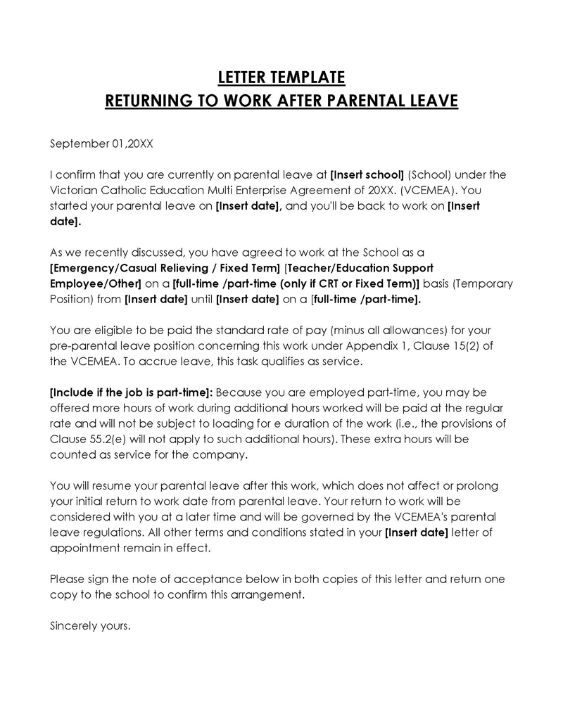 Free Editable Parental Leave Return to Work Letter Template for Word Format