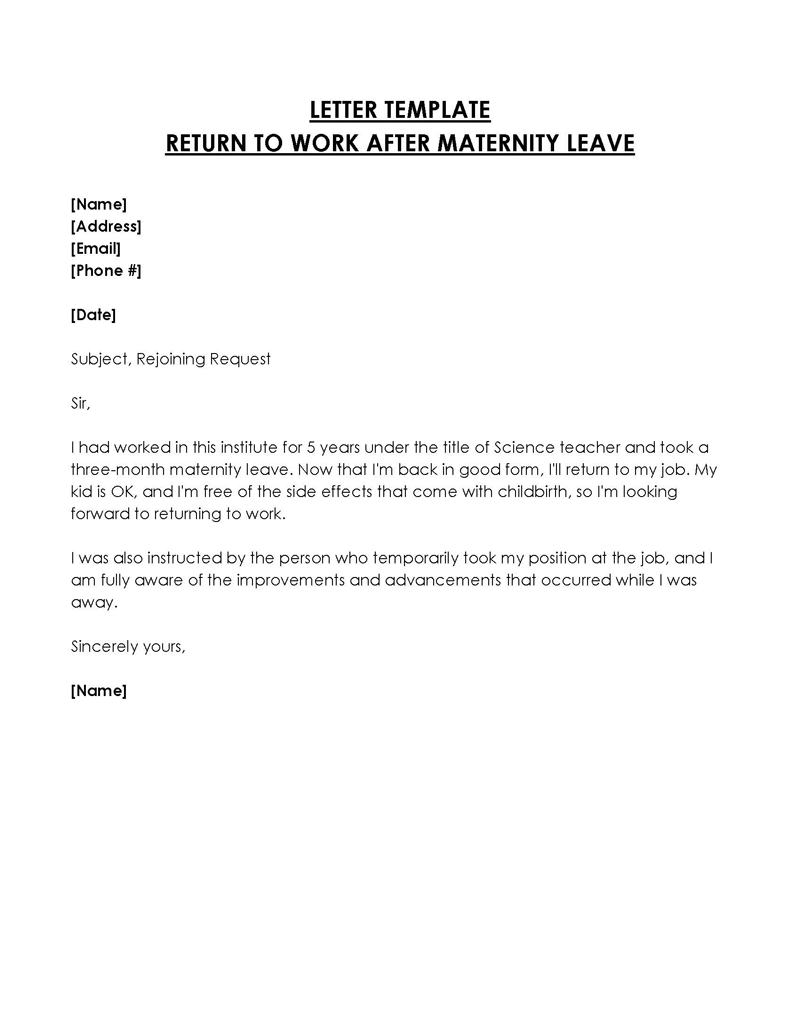 Free Customizable Maternity Leave Return to Work Letter Sample 02 for Word Document