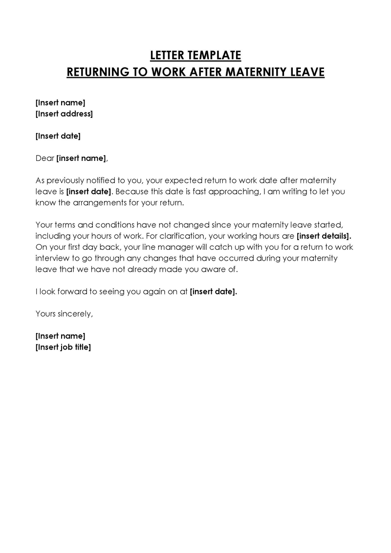 Free Editable Maternity Leave Return to Work Letter Sample 03 for Word Format