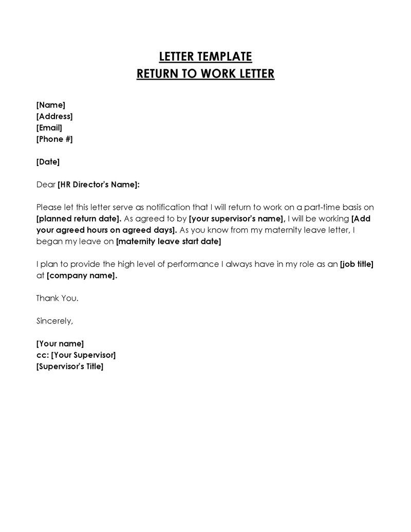 Free Customizable Maternity Leave Return to Work Letter Template 02 for Word Document