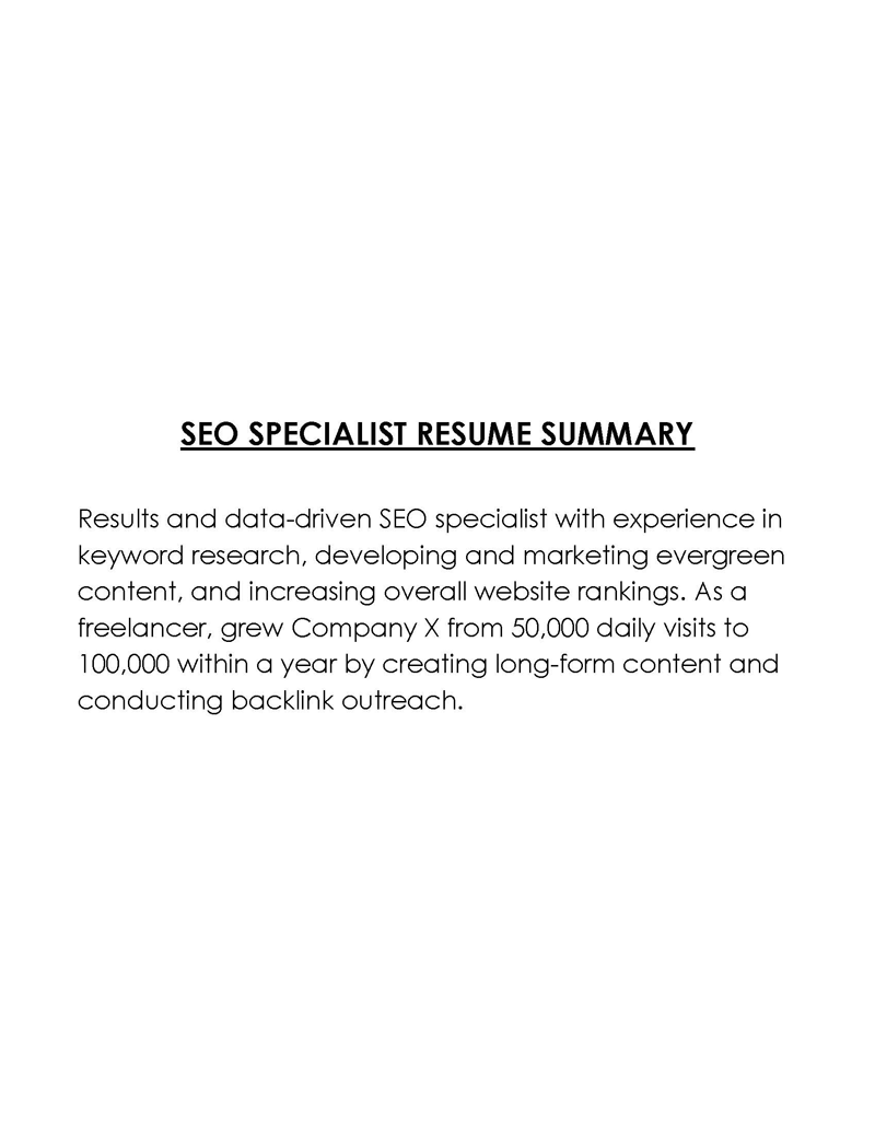 SEO Specialist Free resume summary template with word