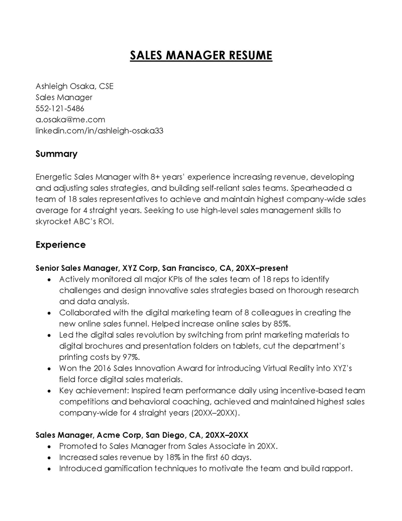 Word Sales Manager Resume Template