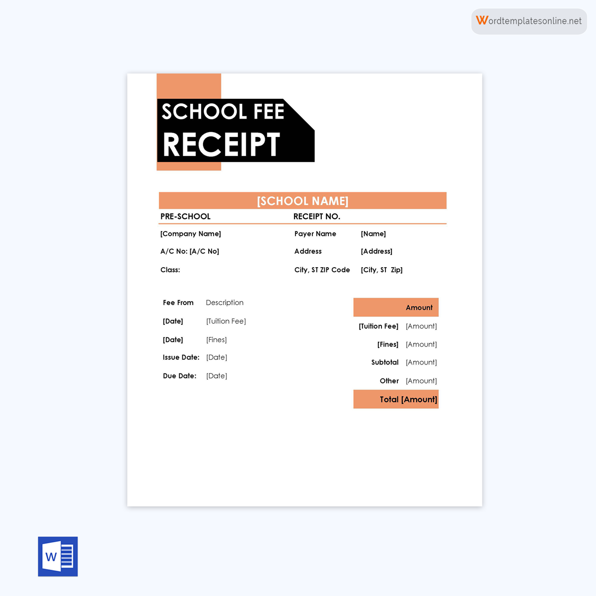 Free School Fee Receipt Template 02 for Word File