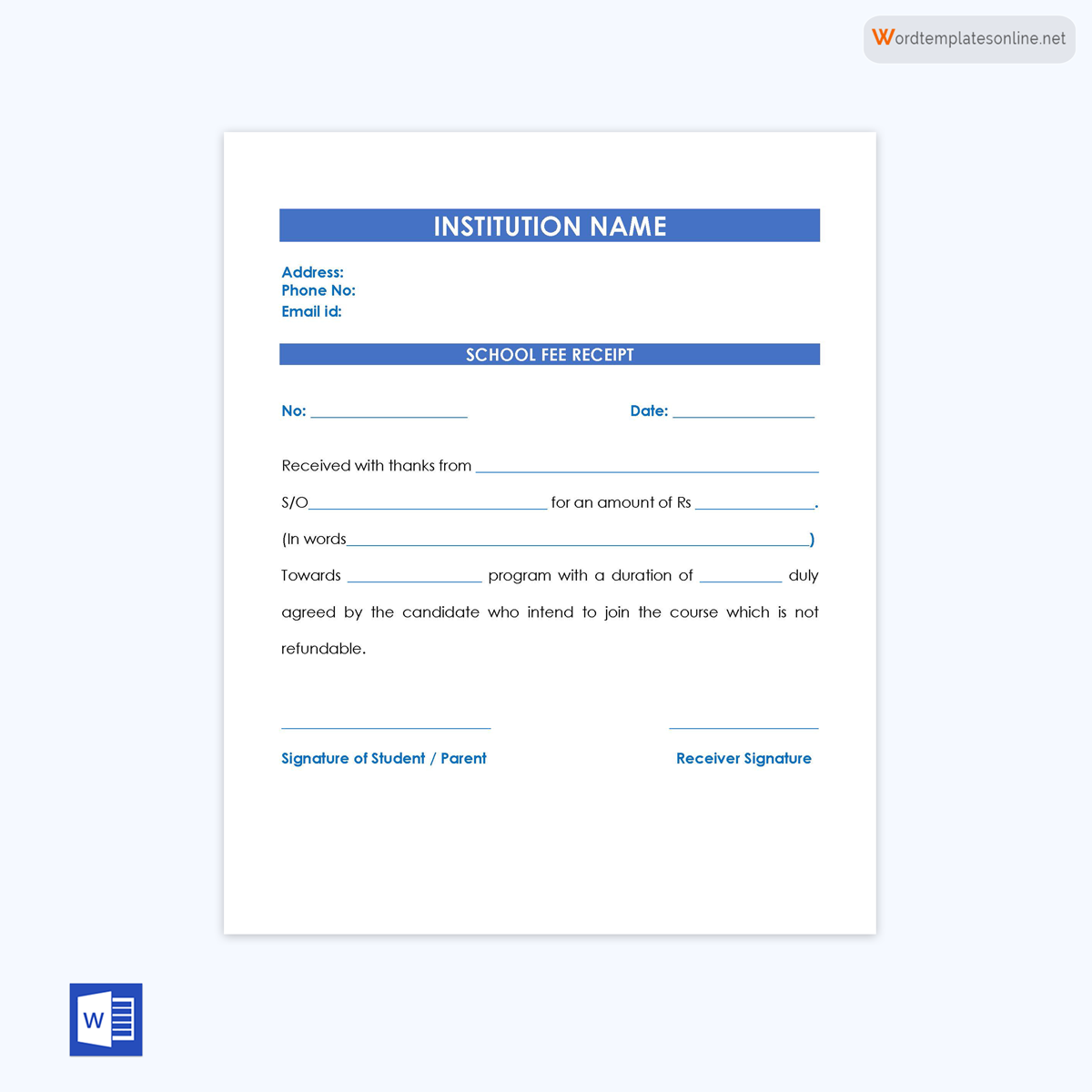 Professional School Fee Receipt Template 06 for Word File