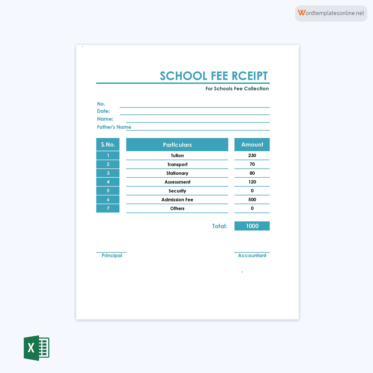 Customizable School Fee Receipt Template 08 for Excel File