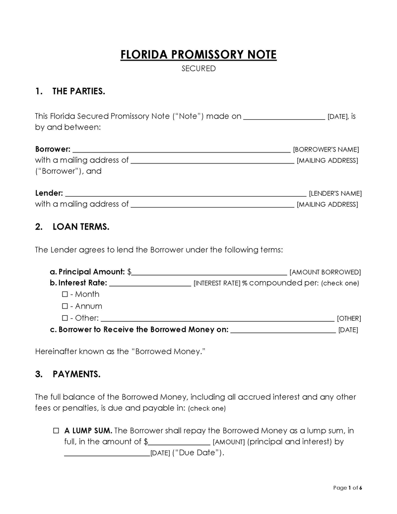 Printable Secured Florida Promissory Note Template - Download Now for Free