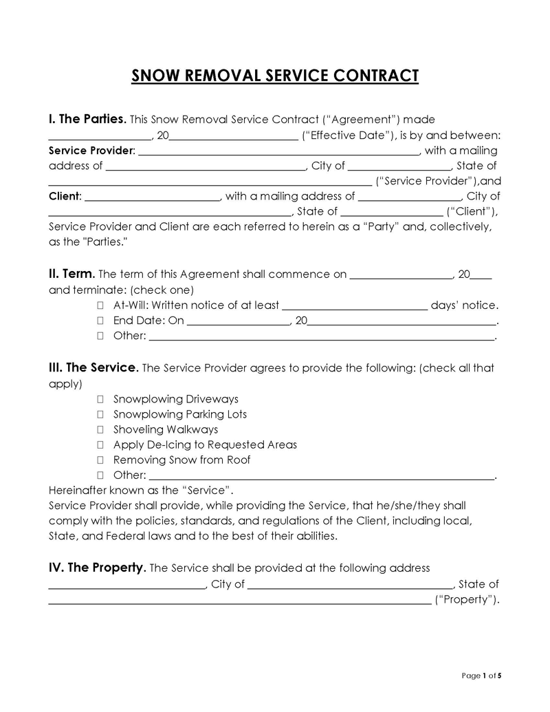 Snow Removal General Service Contract Sample