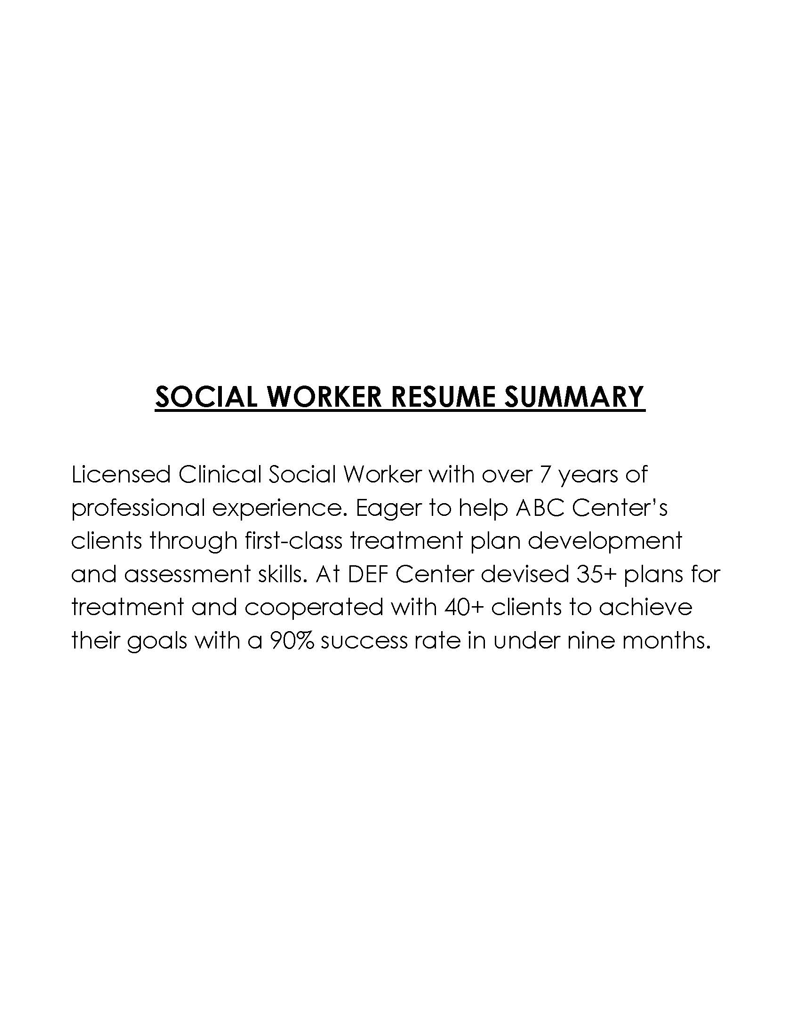 Social Worker Free resume summary template with word