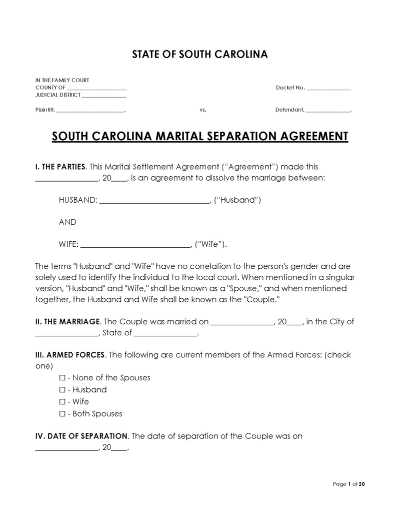South Carolina Divorce Settlement Agreement
