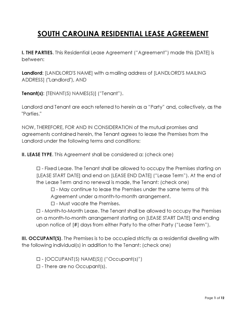 Editable South Carolina Lease Agreement Template 01 for Word File