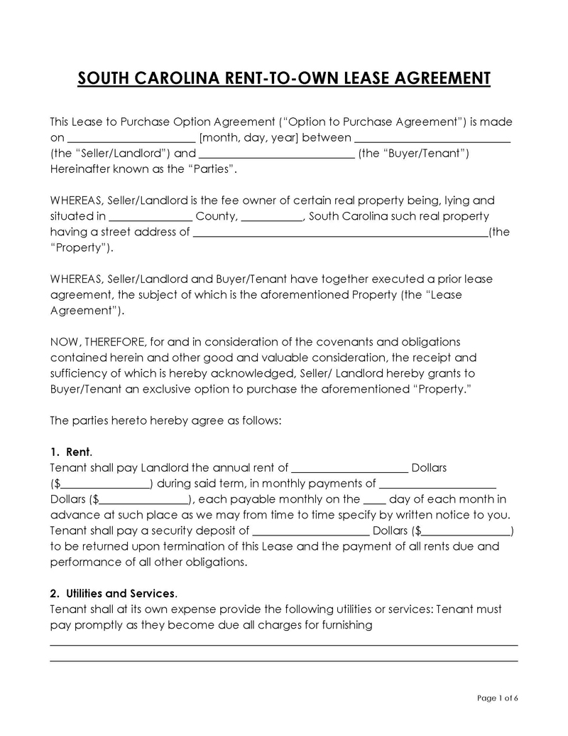 Printable South Carolina Rent-to-Own Lease Agreement Template for Word File