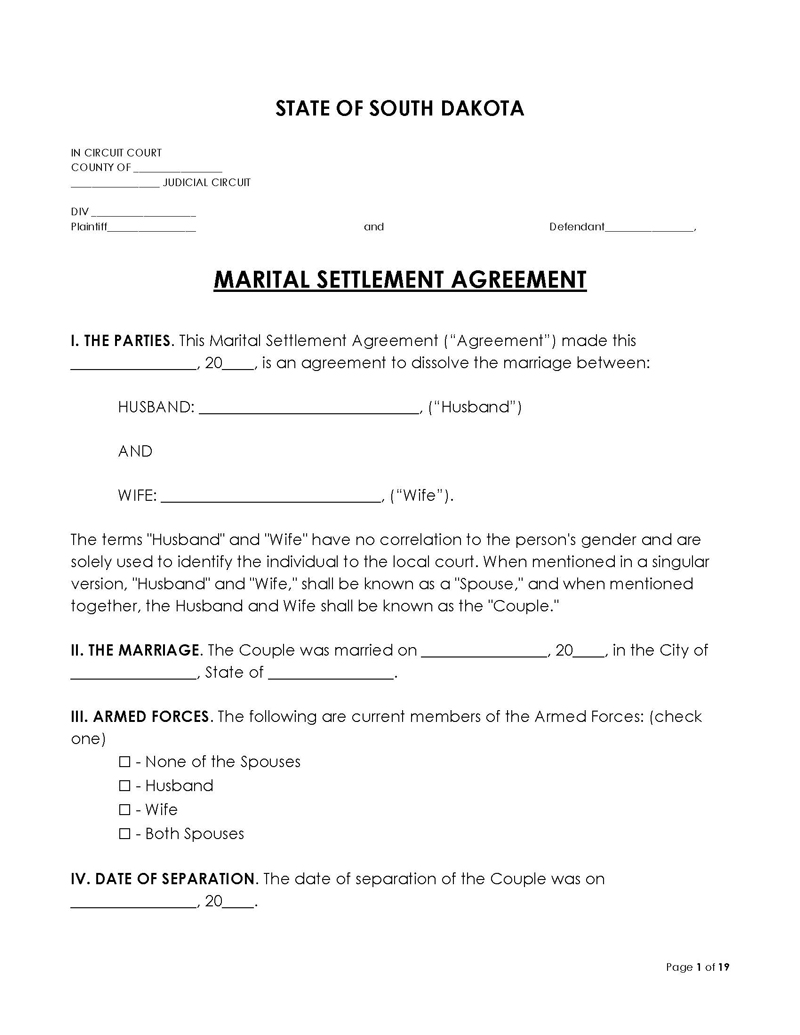 South Dakota Divorce Settlement Agreement