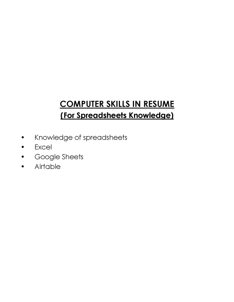Spreadsheet Computer Skills for Resume
