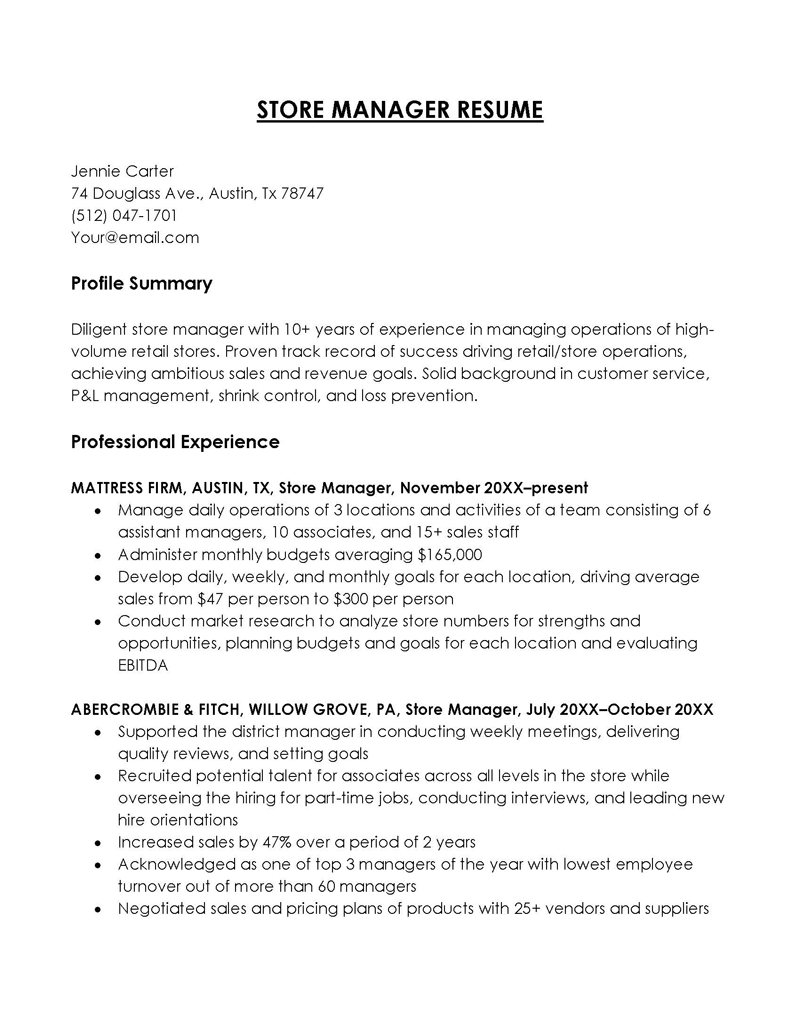 Store Manager Resume