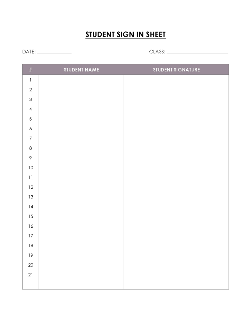 Student sign in sheet