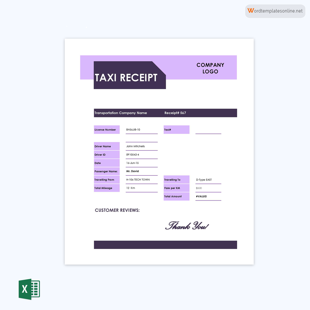 Free sample taxi receipt template - Excel