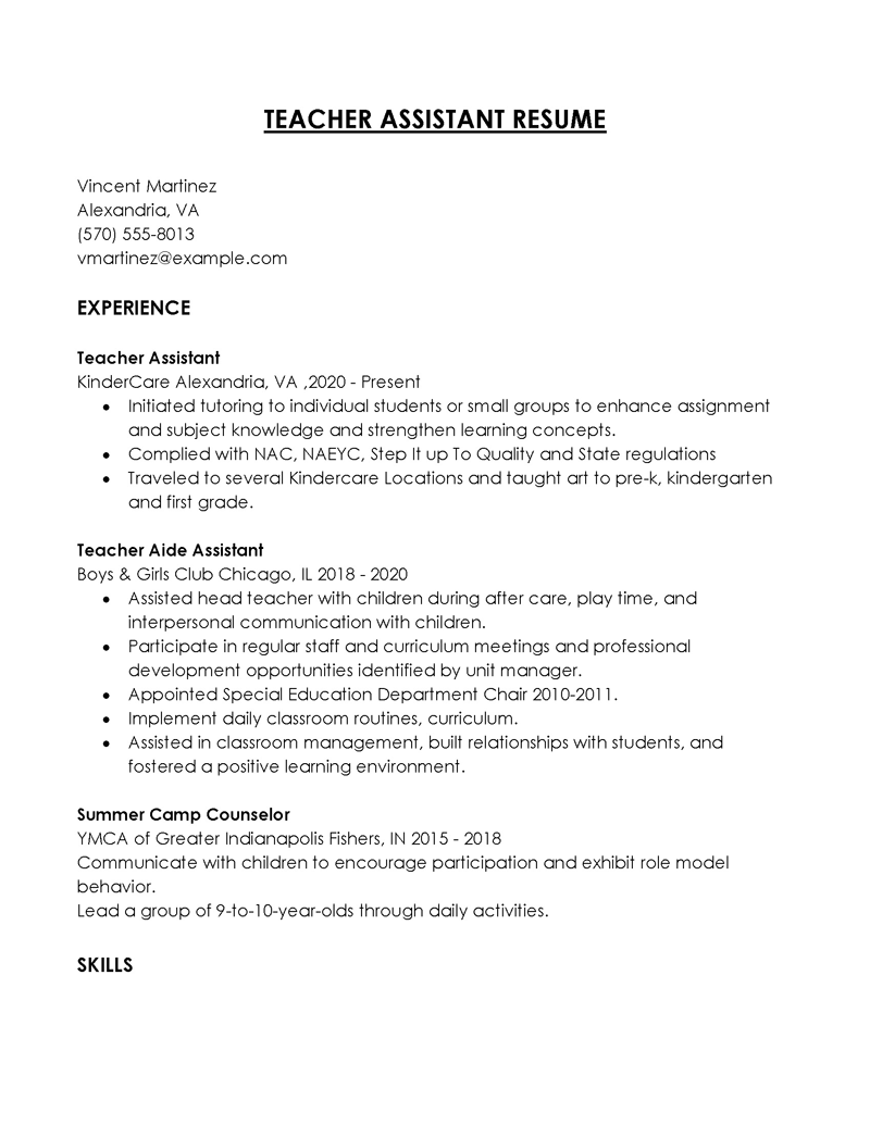  free teacher assistant resume template
