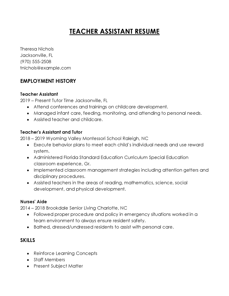  teacher assistant summary for resume