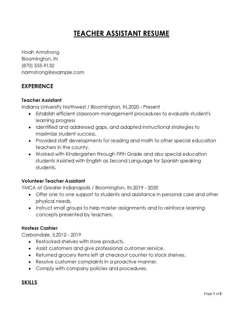  free teacher assistant resume template
