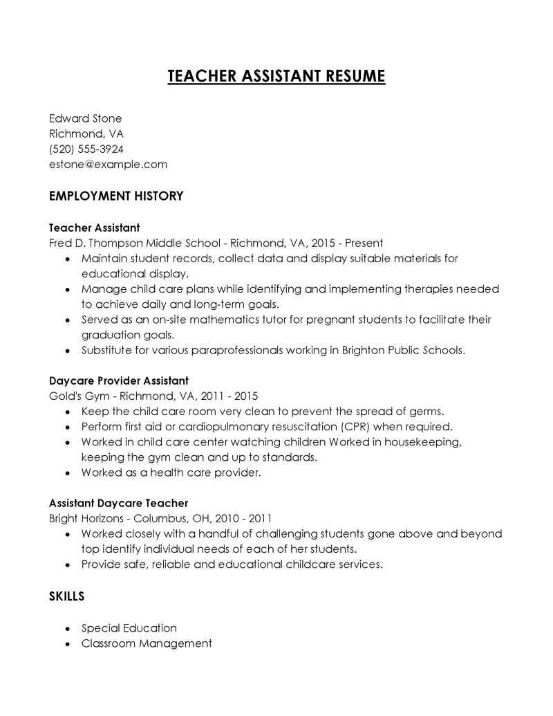teacher assistant skills for resume