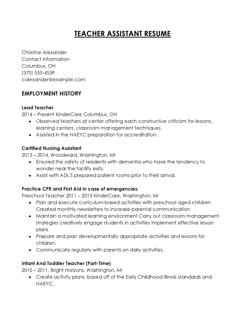  teacher assistant resume pdf