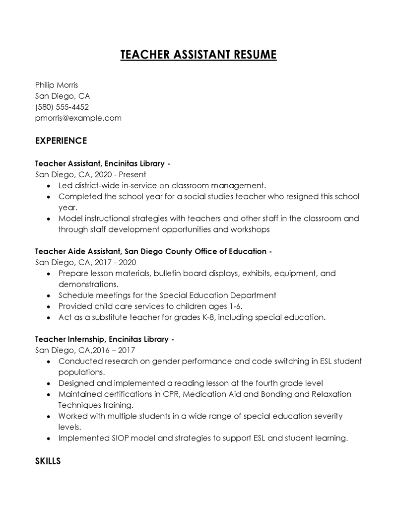  teacher assistant resume pdf