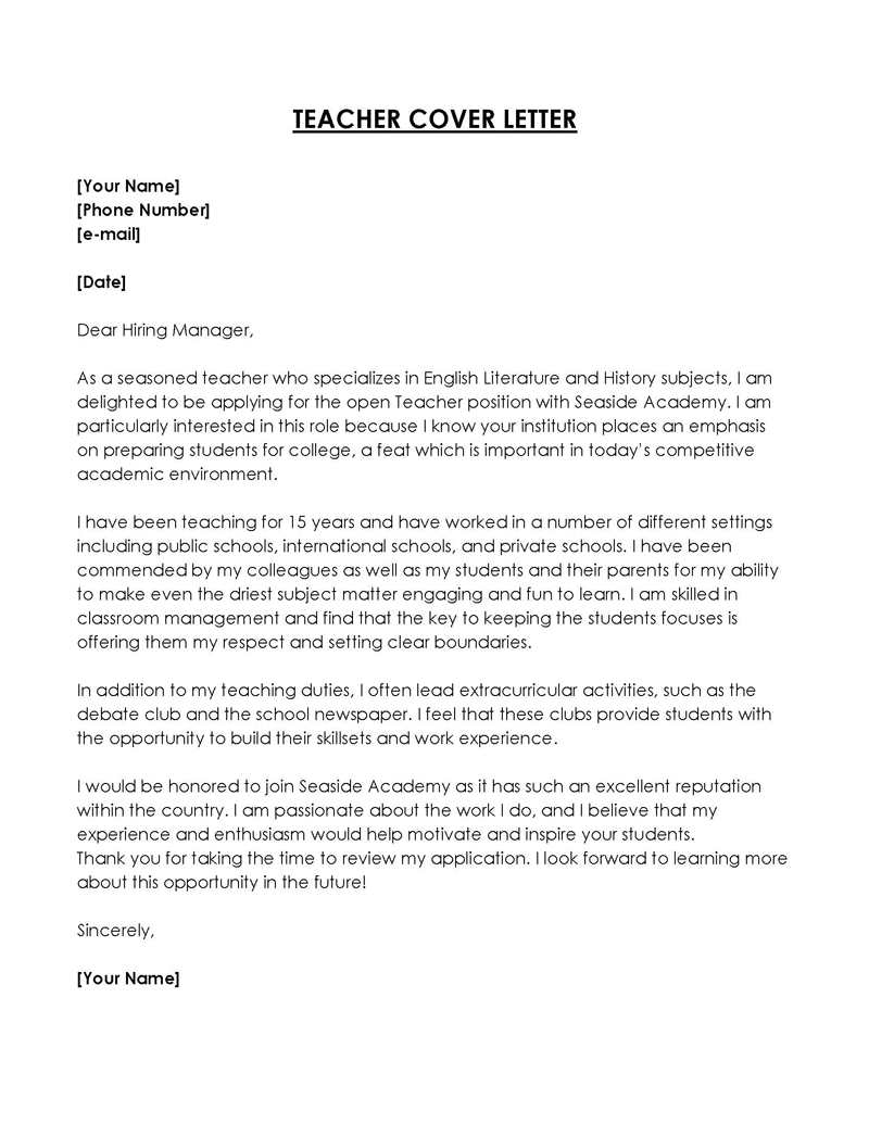 Free Generic Teacher Cover Letter Example for Word